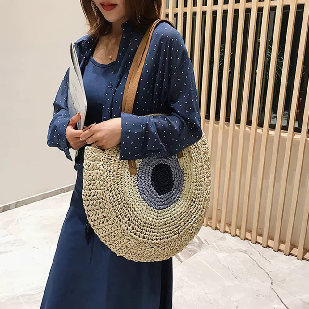 Bohemian Straw Woven Handmade Beach Travel Holiday Tote Round Bags Mssza