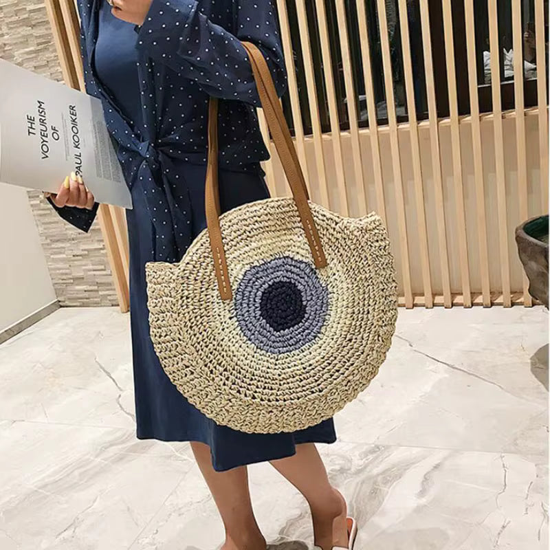 Bohemian Straw Woven Handmade Beach Travel Holiday Tote Round Bags Mssza