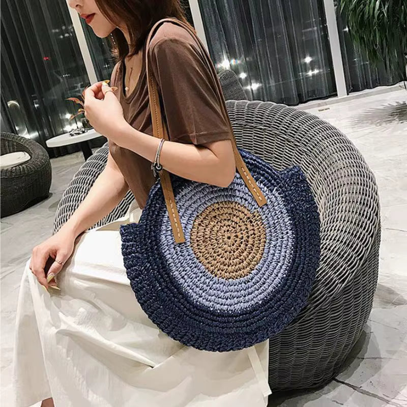 Bohemian Straw Woven Handmade Beach Travel Holiday Tote Round Bags Mssza