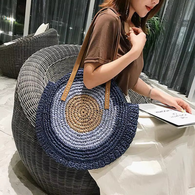 Bohemian Straw Woven Handmade Beach Travel Holiday Tote Round Bags Mssza