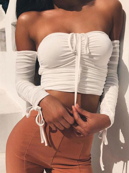 Ruched Lace Up Off The Shoulder Bardot Crop Top Mssza