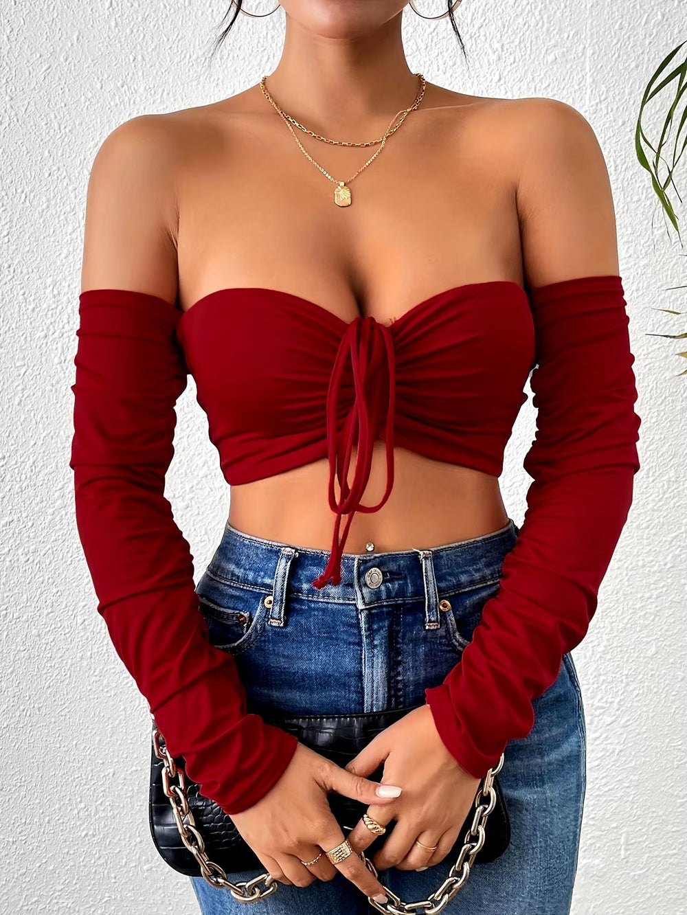 Ruched Off Shoulder Long Sleeve Drawstring Front Clubwear Night Crop Top Mssza