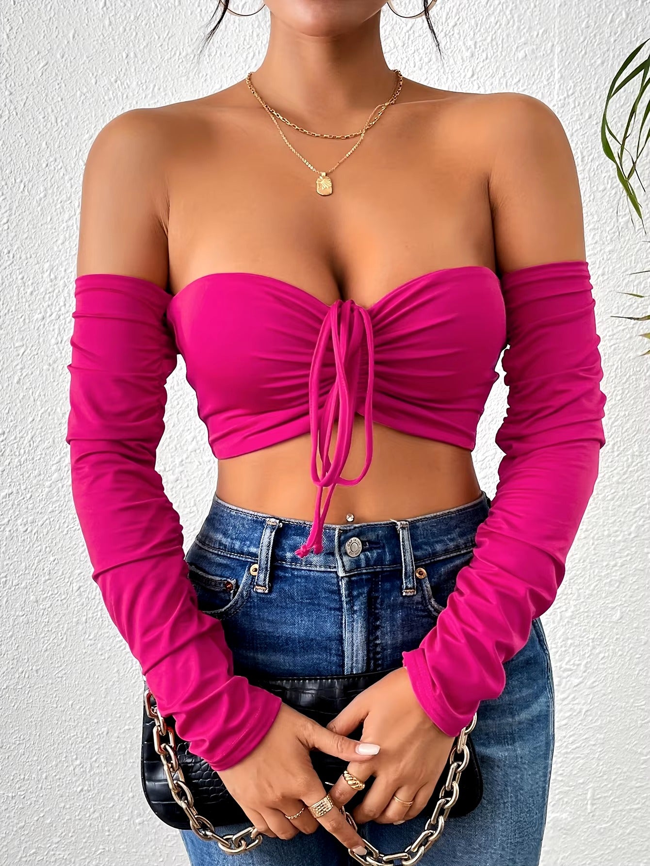 Ruched Off Shoulder Long Sleeve Drawstring Front Clubwear Night Crop Top Mssza