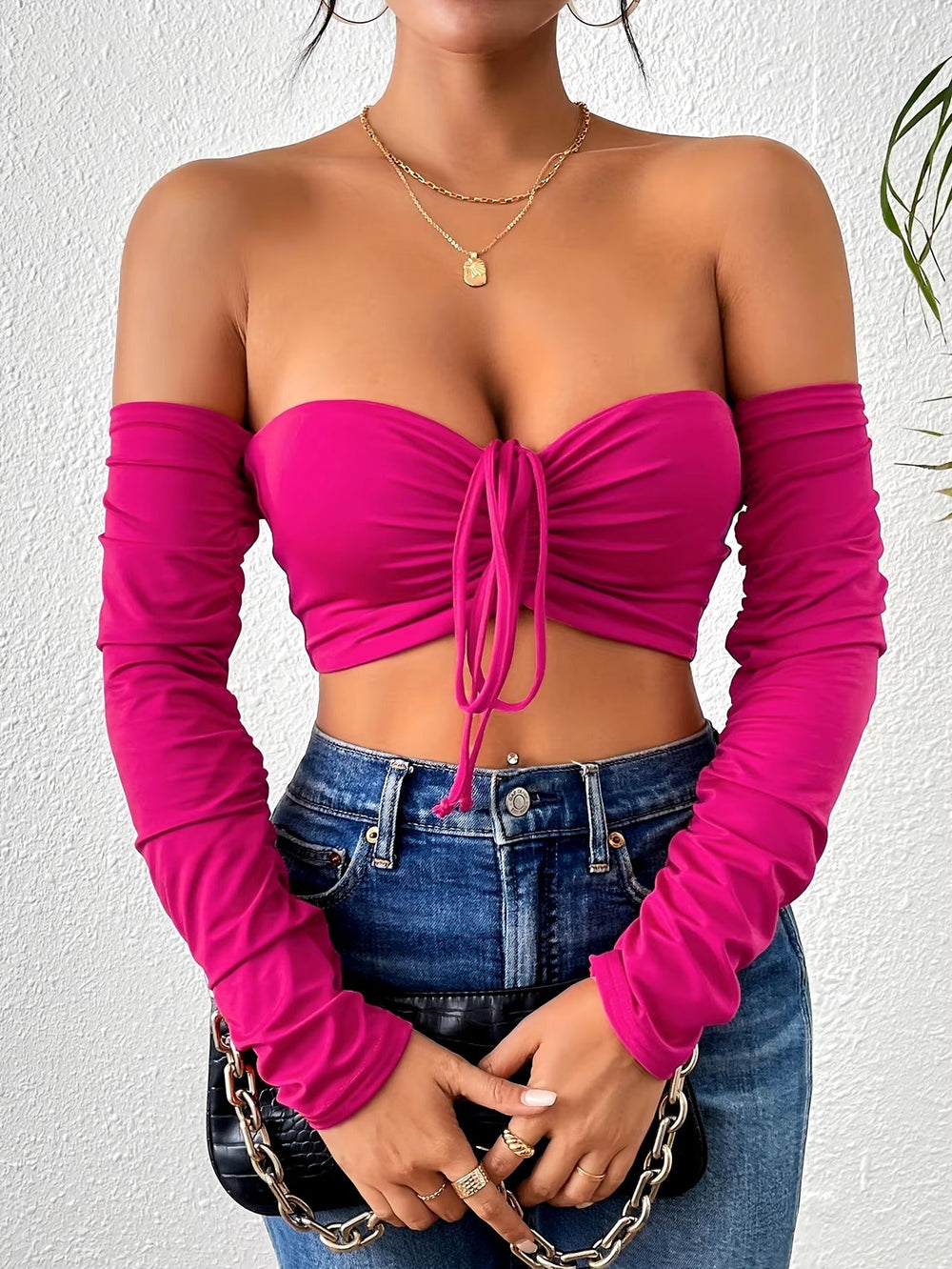 Ruched Off Shoulder Long Sleeve Drawstring Front Clubwear Night Crop Top Mssza