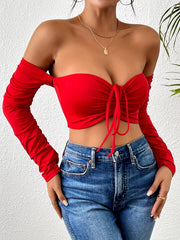 Ruched Off Shoulder Long Sleeve Drawstring Front Clubwear Night Crop Top Mssza