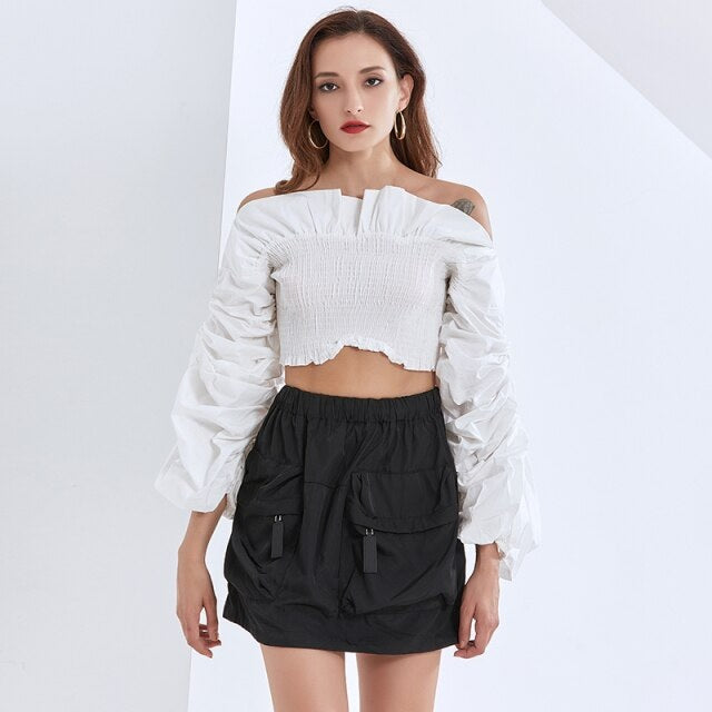 Ruched Slash Neck Lantern Long Sleeve Blouse Mssza