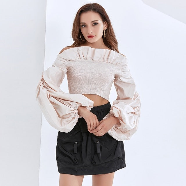 Ruched Slash Neck Lantern Long Sleeve Blouse Mssza