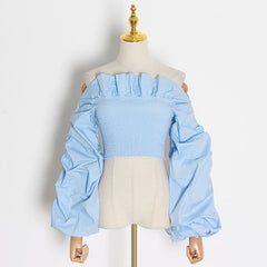 Ruched Slash Neck Lantern Long Sleeve Blouse Mssza