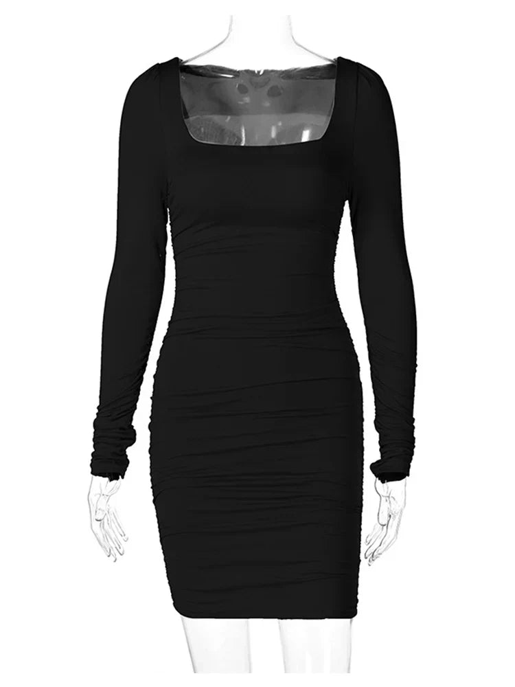 Ruched Long Sleeve Bodycon  Party Elegant Streetwear  Autumn Winter Mini Dress Mssaz Desses