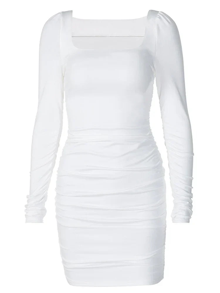 Ruched Long Sleeve Bodycon  Party Elegant Streetwear  Autumn Winter Mini Dress Mssaz Desses