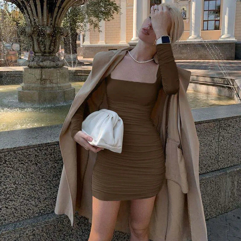 Ruched Long Sleeve Bodycon  Party Elegant Streetwear  Autumn Winter Mini Dress Mssaz Desses