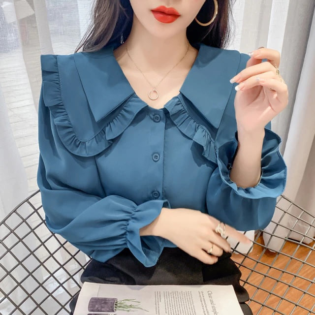 Ruffle Button Up Long Sleeve Peter Pan Collar Shirt Mssza