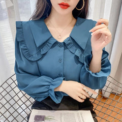 Ruffle Button Up Long Sleeve Peter Pan Collar Shirt Mssza