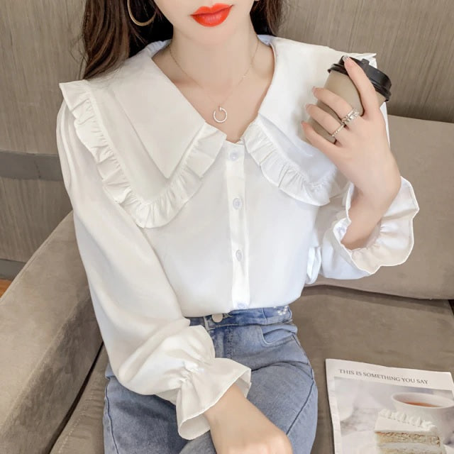 Ruffle Button Up Long Sleeve Peter Pan Collar Shirt Mssza