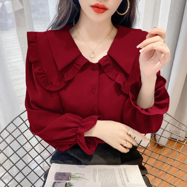 Ruffle Button Up Long Sleeve Peter Pan Collar Shirt Mssza