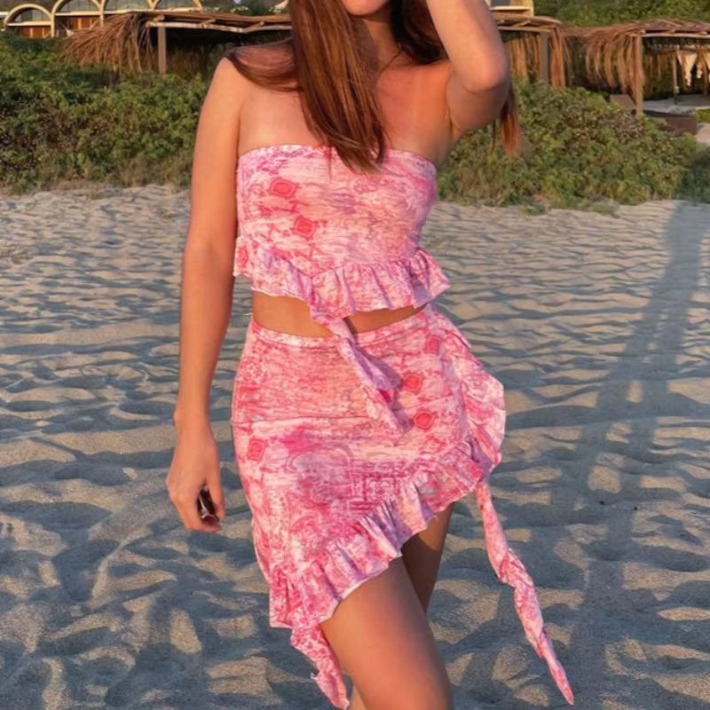 Ruffle Printed Sleeveless Strap Top Short Skirt Two-Piece Set Mssza