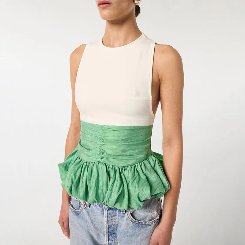 Ruffle Pullover Vest Patchwork O Neck Ruched Skinny Club Tank Tops Mssza