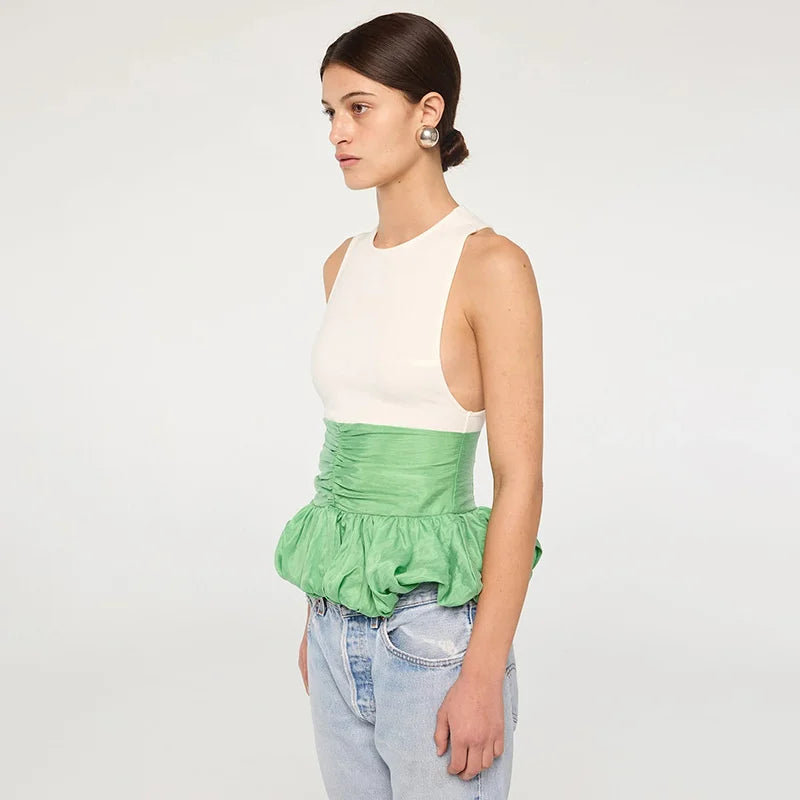 Ruffle Pullover Vest Patchwork O Neck Ruched Skinny Club Tank Tops Mssza