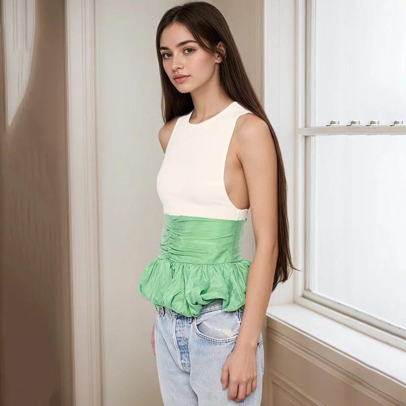 Ruffle Pullover Vest Patchwork O Neck Ruched Skinny Club Tank Tops Mssza