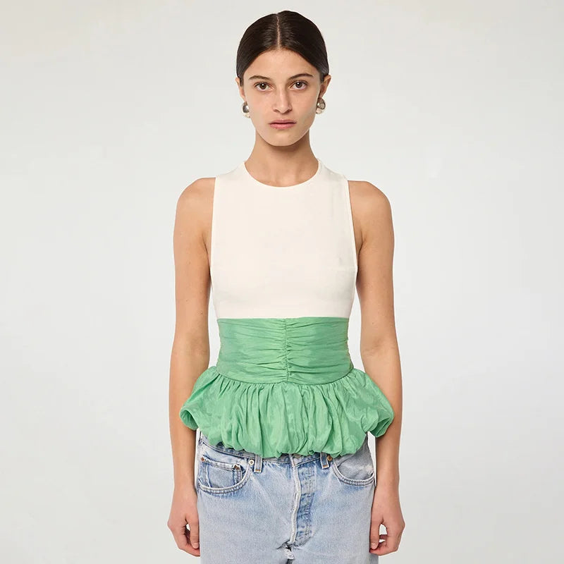 Ruffle Pullover Vest Patchwork O Neck Ruched Skinny Club Tank Tops Mssza