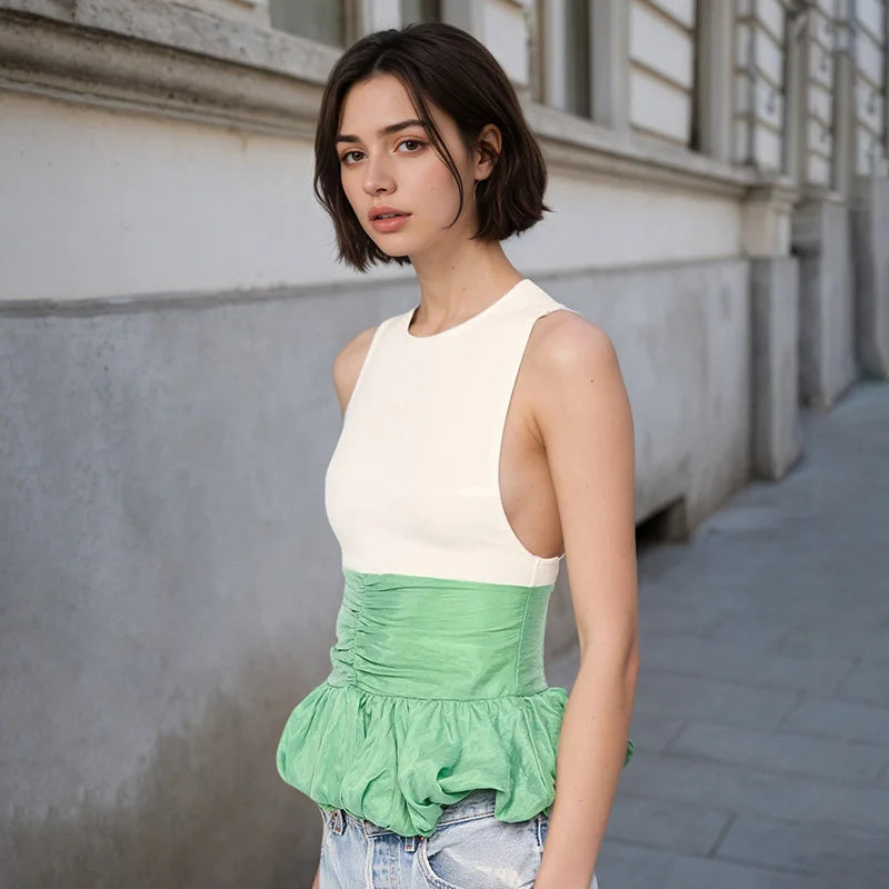 Ruffle Pullover Vest Patchwork O Neck Ruched Skinny Club Tank Tops Mssza
