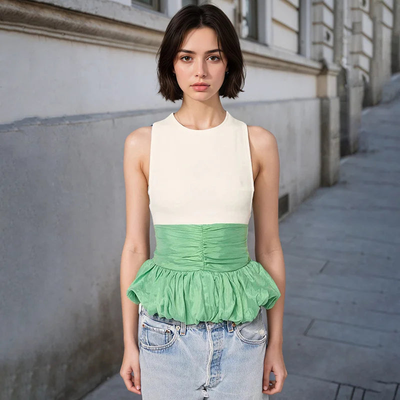 Ruffle Pullover Vest Patchwork O Neck Ruched Skinny Club Tank Tops Mssza