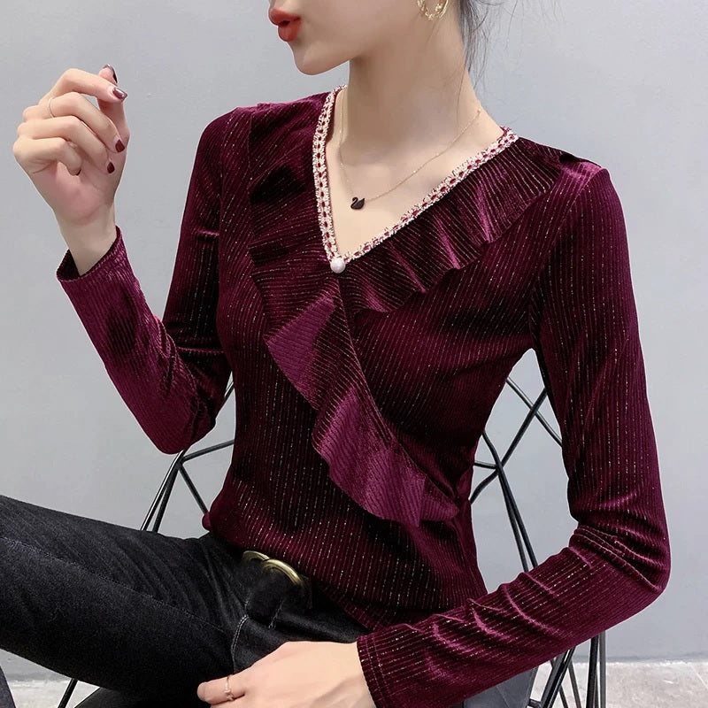Ruffled Long Sleeve V-neck Velvet Shirt Mssza