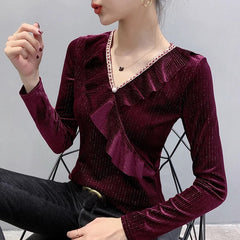 Ruffled Long Sleeve V-neck Velvet Shirt Mssza