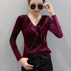 Ruffled Long Sleeve V-neck Velvet Shirt Mssza