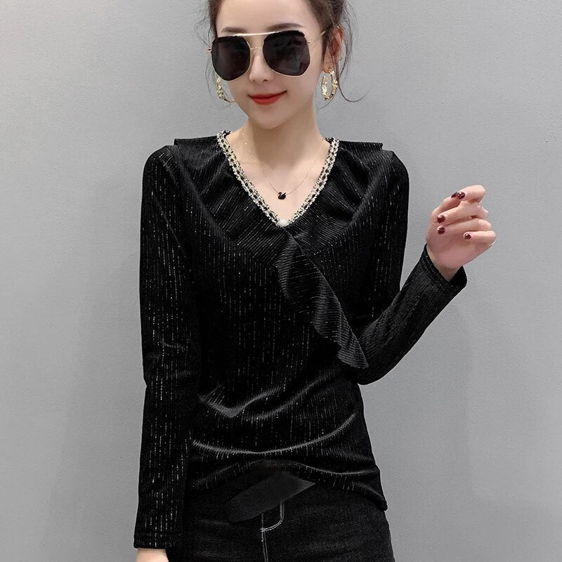 Ruffled Long Sleeve V-neck Velvet Shirt Mssza