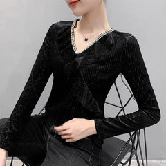 Ruffled Long Sleeve V-neck Velvet Shirt Mssza