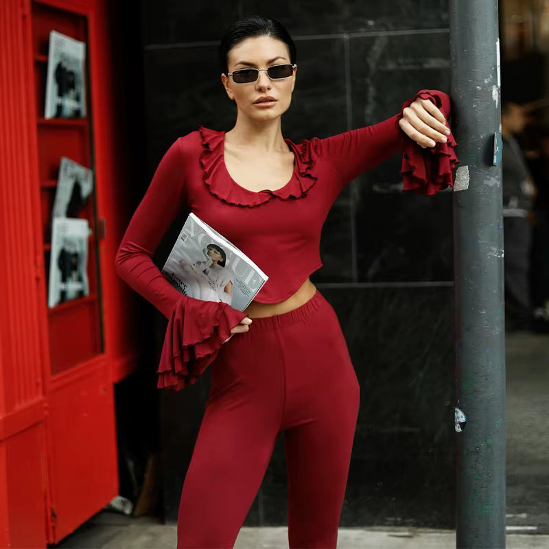 Ruffled Round Neck Long Sleeve Top High Waist Flared Pants Two Piece Set Mssza