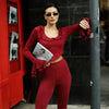 Ruffled Round Neck Long Sleeve Top High Waist Flared Pants Two Piece Set Mssza