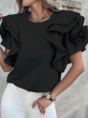 Ruffled Solid Color Cotton Blended Shirt Round Neck Short Sleeve Loose T-shirt Mssza