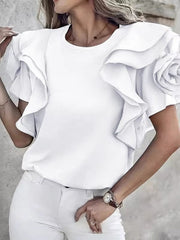 Ruffled Solid Color Cotton Blended Shirt Round Neck Short Sleeve Loose T-shirt Mssza