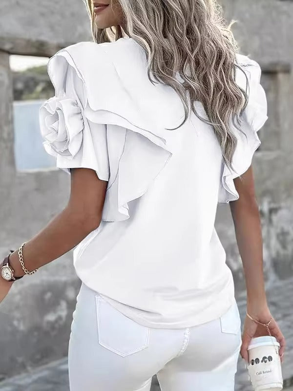 Ruffled Solid Color Cotton Blended Shirt Round Neck Short Sleeve Loose T-shirt Mssza