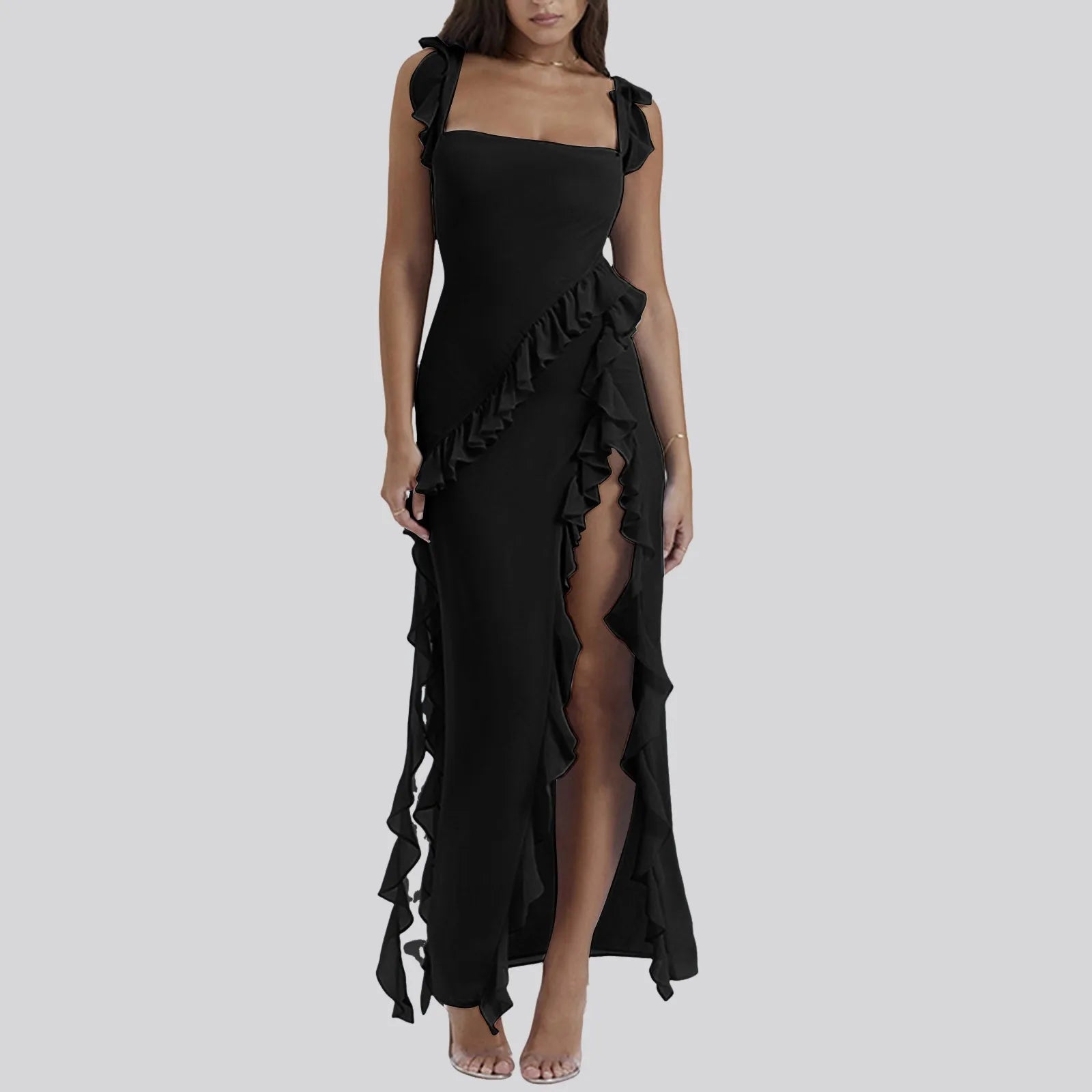 Ruffles Chiffon Maxi Dress For  Backless Split  Black Long Wedding Party Elegant Luxury Chic Female Mssaz Desses