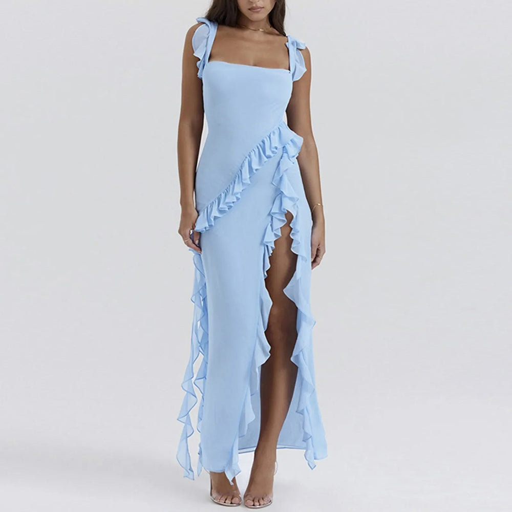 Ruffles Chiffon Maxi Dress For  Backless Split  Black Long Wedding Party Elegant Luxury Chic Female Mssaz Desses