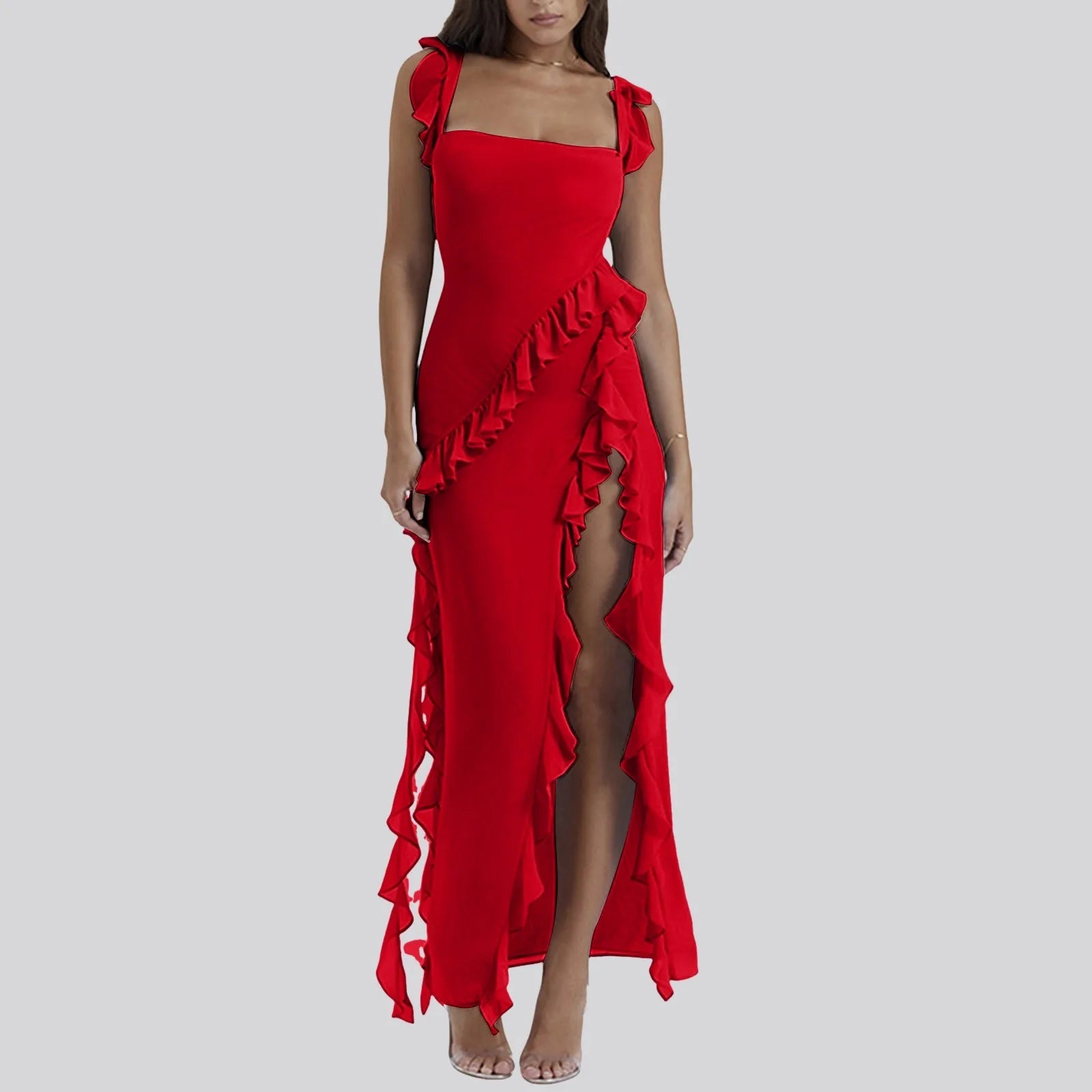 Ruffles Chiffon Maxi Dress For  Backless Split  Black Long Wedding Party Elegant Luxury Chic Female Mssaz Desses