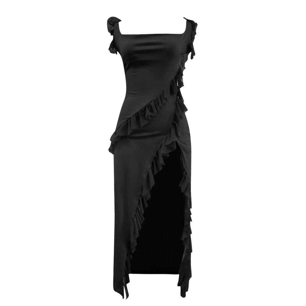 Ruffles Chiffon Maxi Dress For  Backless Split  Black Long Wedding Party Elegant Luxury Chic Female Mssaz Desses