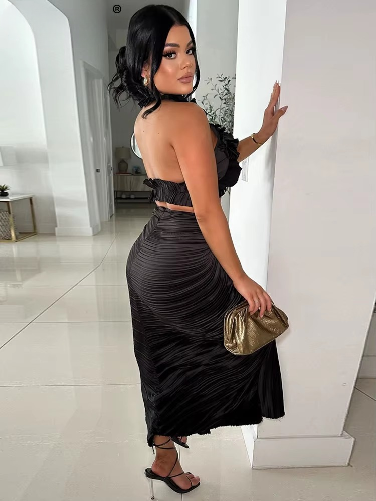 Ruffles Formal Pleated Two 2 Pieces Night Club Birthday Crop Top and High Slit Skirt Set Mssza