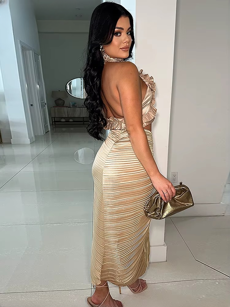 Ruffles Formal Pleated Two 2 Pieces Night Club Birthday Crop Top and High Slit Skirt Set Mssza