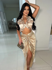 Ruffles Formal Pleated Two 2 Pieces Night Club Birthday Crop Top and High Slit Skirt Set Mssza