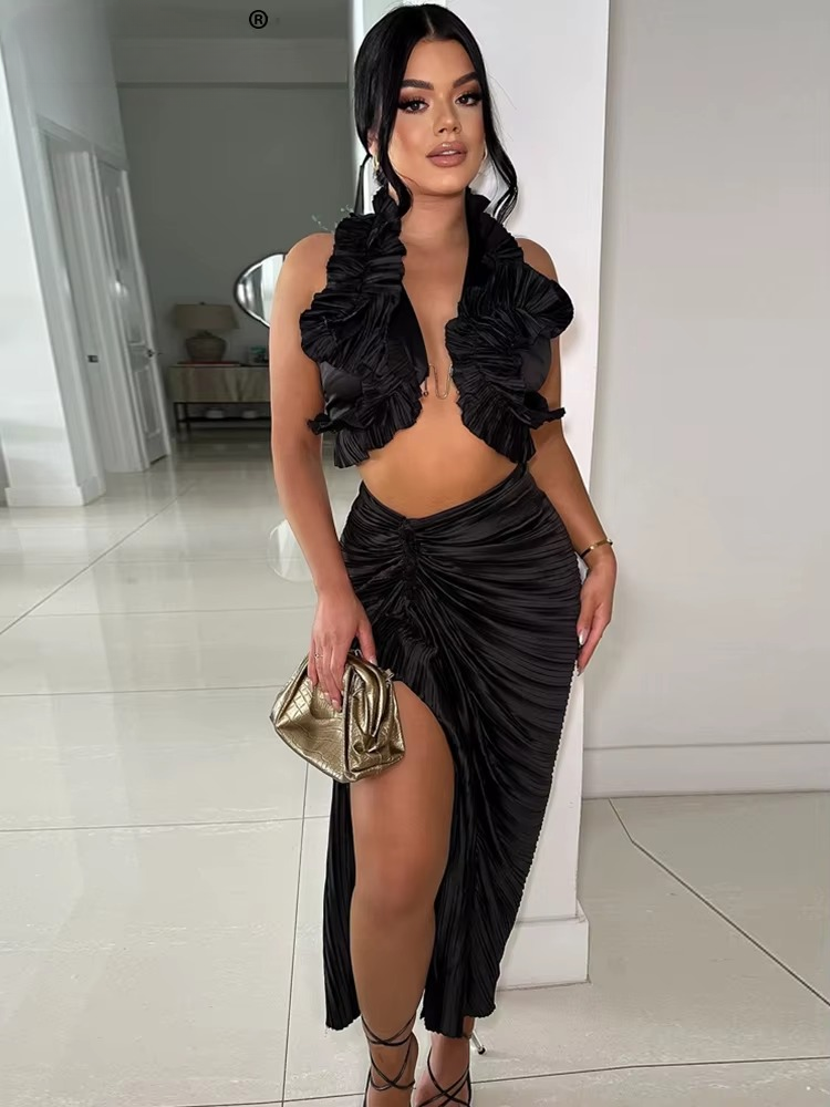 Ruffles Formal Pleated Two 2 Pieces Night Club Birthday Crop Top and High Slit Skirt Set Mssza