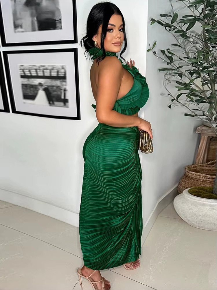 Ruffles Formal Pleated Two 2 Pieces Night Club Birthday Crop Top and High Slit Skirt Set Mssza