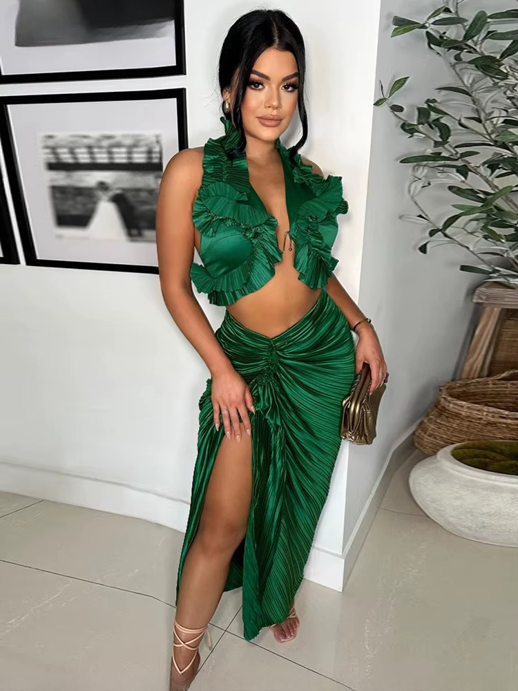 Ruffles Formal Pleated Two 2 Pieces Night Club Birthday Crop Top and High Slit Skirt Set Mssza