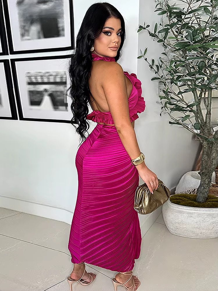 Ruffles Formal Pleated Two 2 Pieces Night Club Birthday Crop Top and High Slit Skirt Set Mssza