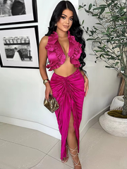 Ruffles Formal Pleated Two 2 Pieces Night Club Birthday Crop Top and High Slit Skirt Set Mssza