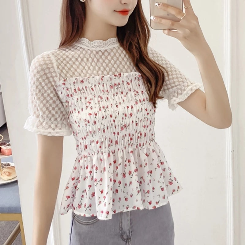 Ruffles Lace Patchwork Printed Casual Blouse Mssza