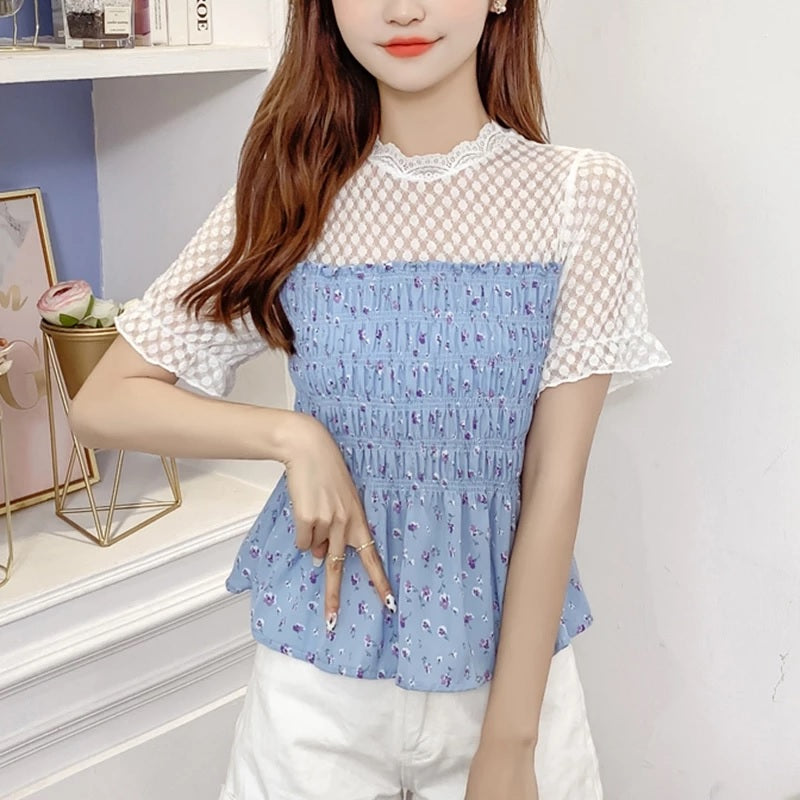 Ruffles Lace Patchwork Printed Casual Blouse Mssza